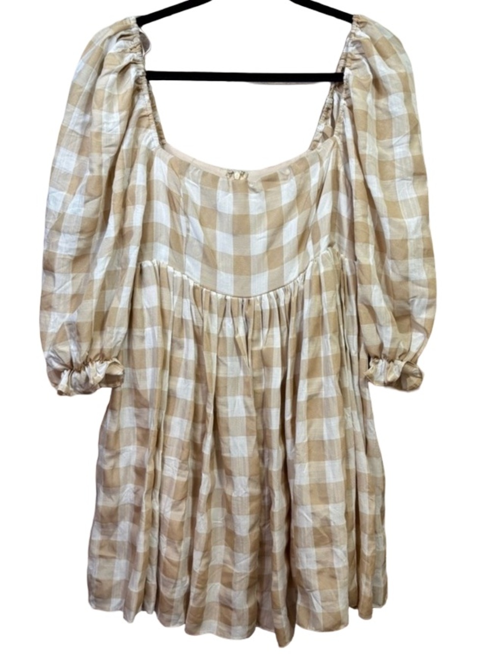 Mable Beige & White Gingham Mini Babydoll Dress Small